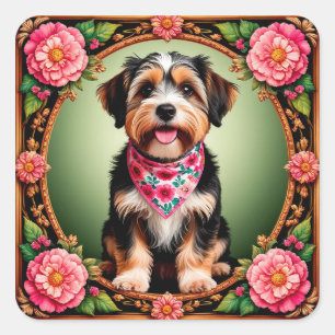 Sticker Carré Chien adorable encadré de fleurs colorées