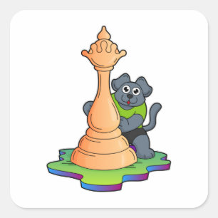Sticker Carré Chien aux échecs avec pièce d'échecs Queen