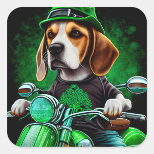 Sticker Carré Chien Beagle conduisant un vélo Saint-Patrick