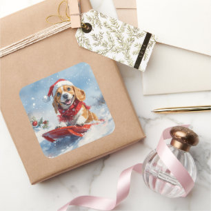 Sticker Carré Chien Beagle en Luge Laissez Tomber la Neige Noël