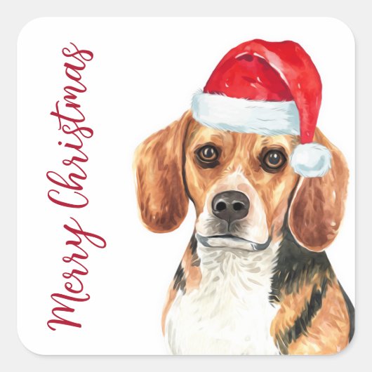 Sticker Carré Chien beagle Père Noël Mignonne Joyeux Noël (Devant)