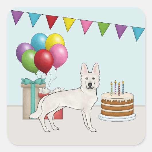 Sticker Carré Chien berger allemand blanc Anniversaire coloré (Devant)