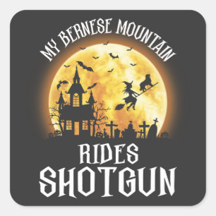 Sticker Carré Chien bernois à cheval Shotgun, Chien Éffrayant Ha