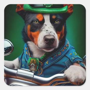 Sticker Carré Chien Blue Heeler conduisant un vélo pour la Saint
