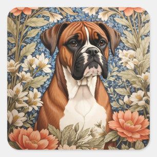 Sticker Carré Chien Boxer Élégant Inspiré de William Morris
