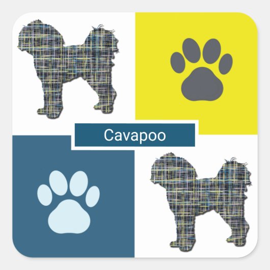 Sticker Carré Chien Cavapoo Silhouette & Grille Y&B Paw (Devant)