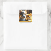 Sticker Carré Chien chiot et Orange Kitten Ai Art (Sac)