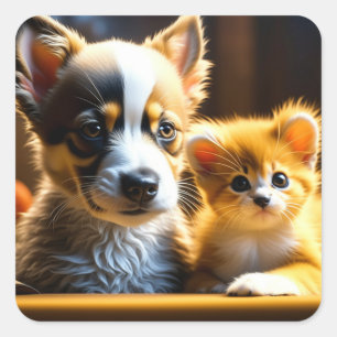 Sticker Carré Chien chiot et Orange Kitten Ai Art