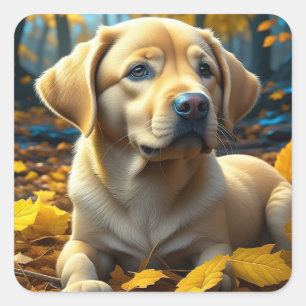 Sticker Carré Chien chiot jouant dans les feuilles d'automne