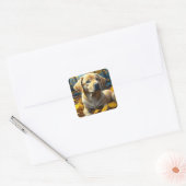 Sticker Carré Chien chiot jouant dans les feuilles d'automne (Enveloppe)