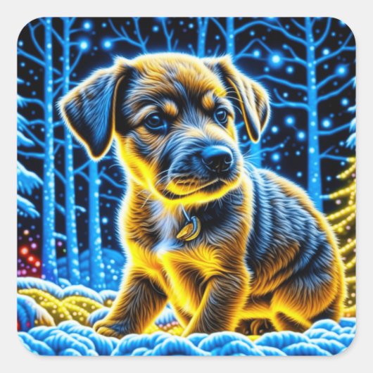Sticker Carré Chien chiot mignon jouant à Noël de neige (Devant)