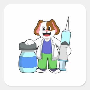 Sticker Carré Chien comme docteur avec seringue
