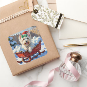 Sticker Carré Chien Coton de Tulear Fluffy Luge de Noël Vintage