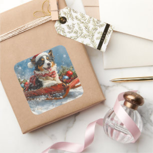 Sticker Carré Chien de berger australien en Noël à Sledge