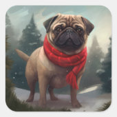 Sticker Carré Chien de carlin en Noël de neige (Devant)