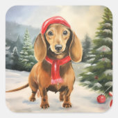 Sticker Carré Chien de Dachshund à Noël de neige (Devant)