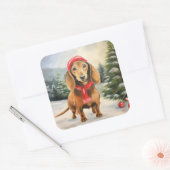 Sticker Carré Chien de Dachshund à Noël de neige (Enveloppe)