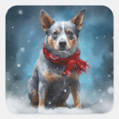 Sticker Carré Chien de Heeler Bleu à Noël de neige (Devant)