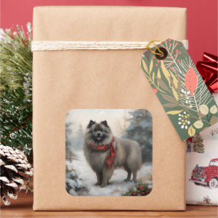 Sticker Carré Chien de Keeshond à Noël de neige