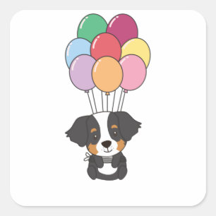 Sticker Carré Chien De Montagne Bernais Mouches Avec Ballons Col