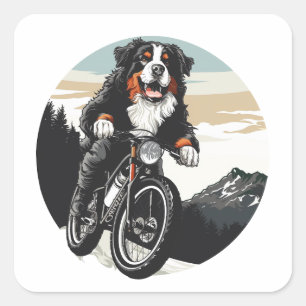Sticker Carré Chien De Montagne Bernois À Vélo De Montagne