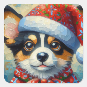 Sticker Carré Chien de Noël Chien Chien Chien Puppy avec Santa H