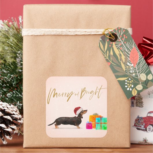 Sticker Carré Chien de Noël de Noël Dachshund Joyeux brillant (vacances)