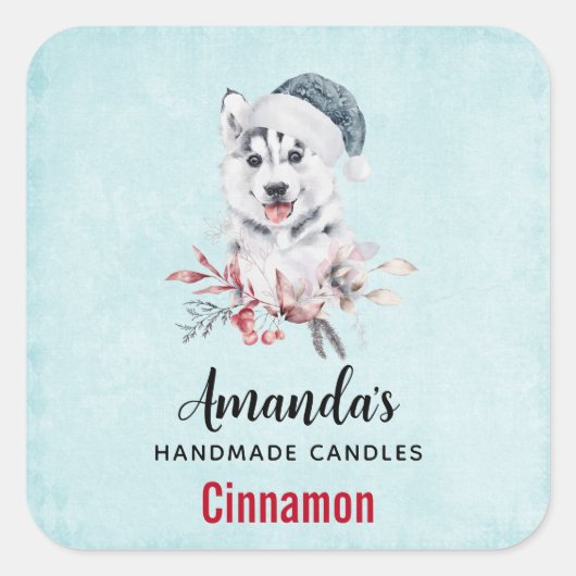 Sticker Carré Chien de Noël Husky dans une bougie de Père Noël (Devant)