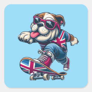 Sticker Carré Chien de taureau britannique cool sur skateboard