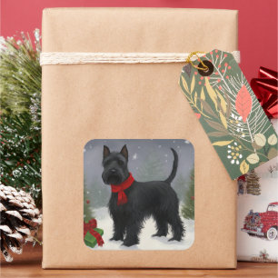 Sticker Carré Chien de Terrier écossais en Noël de neige