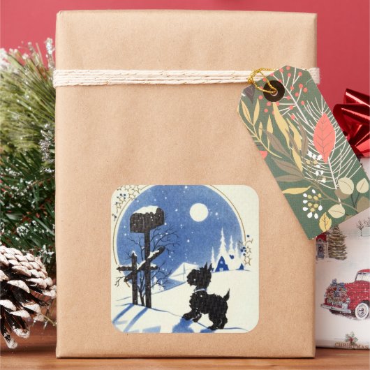 Sticker Carré chien écossais de Noël rétro (vacances)