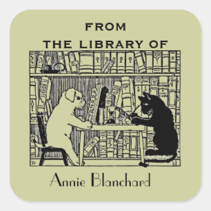Sticker Carré Chien et chat dans la bibliothèque