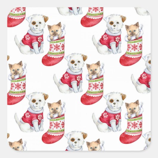 Sticker Carré Chien et chat de Noël (Devant)