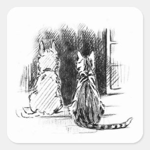 Sticker Carré Chien et chat regardent par la fenêtre, la sympath