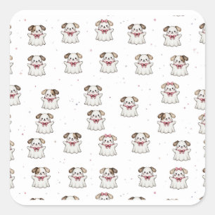 Sticker Carré Chien fantôme mignon Bandana Halloween Nœud rose S