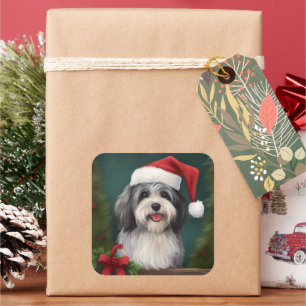 Sticker Carré Chien Havanais dans la neige de Noël