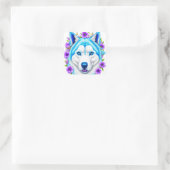Sticker Carré Chien Husky avec yeux et fleurs bleus (Sac)