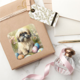 Sticker Carré Chien Lhassa Apso avec oeufs de Pâques vacances