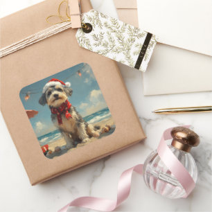 Sticker Carré Chien Louveteau Noël Vintage Plage