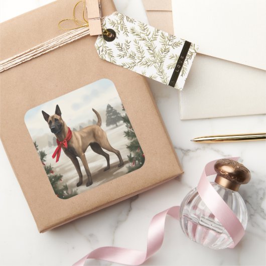 Sticker Carré Chien malinois belge à Noël de neige (Cadeaux)