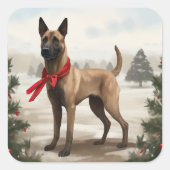 Sticker Carré Chien malinois belge à Noël de neige (Devant)