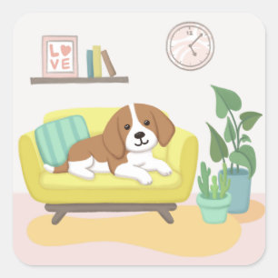 Sticker Carré Chien mignon, chaise et plantes Illustration Art