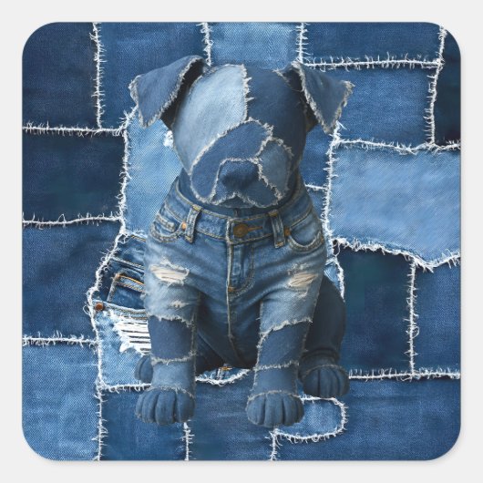 Sticker Carré Chien Patchwork Art Denim (Devant)