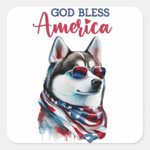 Sticker Carré Chien Patriotique-Husky