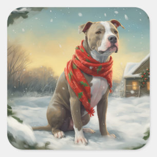 Sticker Carré Chien Pitbull dans la neige de Noël