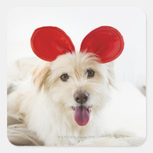 Sticker Carré Chien portant des oreilles de jouet sur le lit