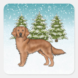 Sticker Carré Chien Retriever doré rouge Noël enneigé bleu