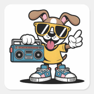 Sticker Carré Chien rétro hip hop : Chiot de dessin animé cool