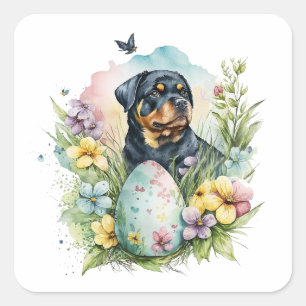 Sticker Carré Chien Rottweiler Oeuf de Pâques, Joyeux Rottweiler