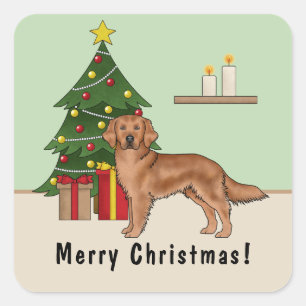 Sticker Carré Chien rouge Golden Retriever avec sapin de Noël